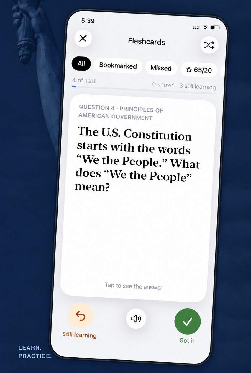 The flashcards screen showing question 4 of 128, “The U.S. Constitution starts with the words ‘We the People.’ What does ‘We the People’ mean?”, with Still learning and Got it buttons.