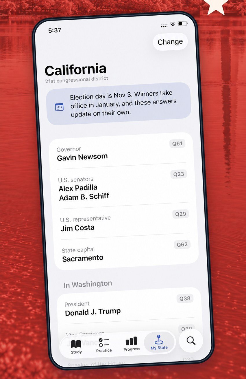 The My State screen for California’s 21st congressional district, listing the governor, U.S. senators, U.S. representative and state capital.