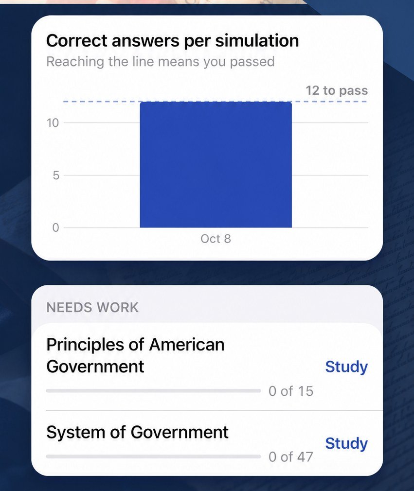 A chart of correct answers per simulation against the 12-to-pass line, and a Needs Work list of topics.