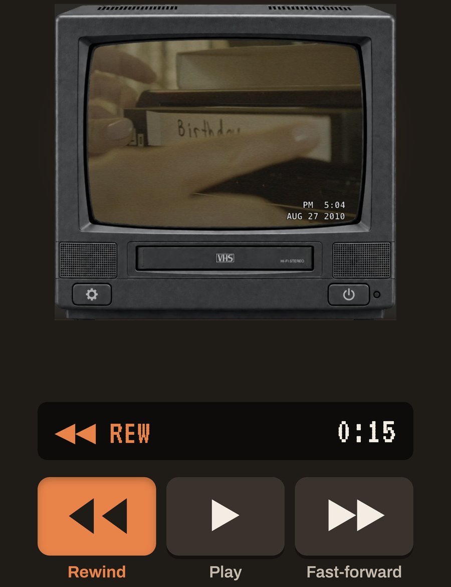 A birthday tape playing on a CRT television, with Rewind, Play and Fast-forward buttons below.
