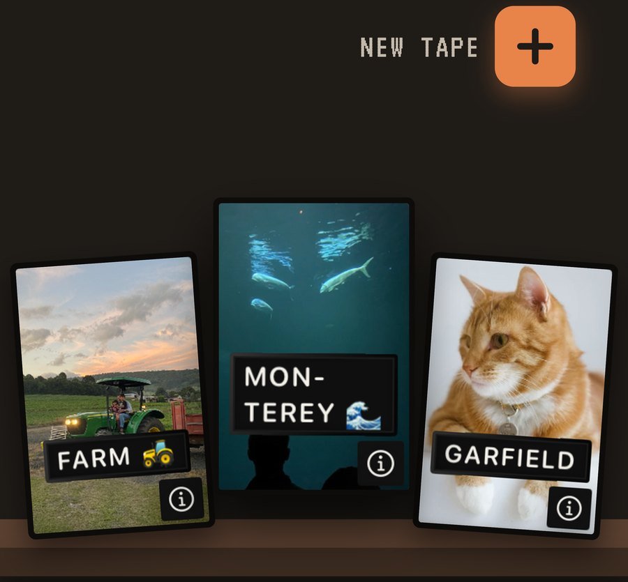 Three custom tapes on a wooden shelf, labeled Farm, Monterey and Garfield, with a New Tape button above.